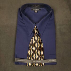 Croft & Barrow Shirt Mens 17.5 34/35 Blue Solid Long Sleeve Dress Shirt Tie Set